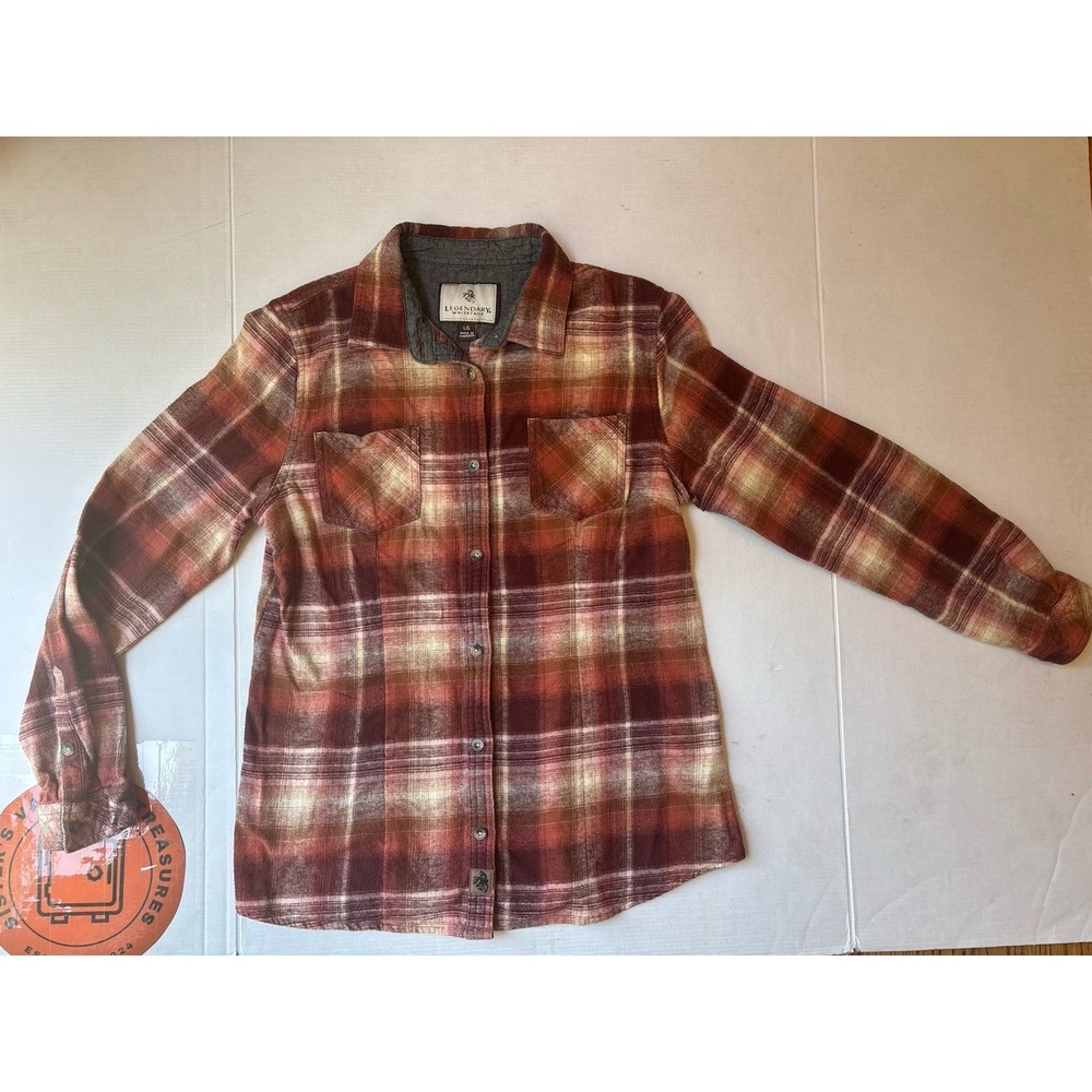 Legendary Whitetails Shirt Womens Sz L Flannel Orange Tan Burgundy Plaid